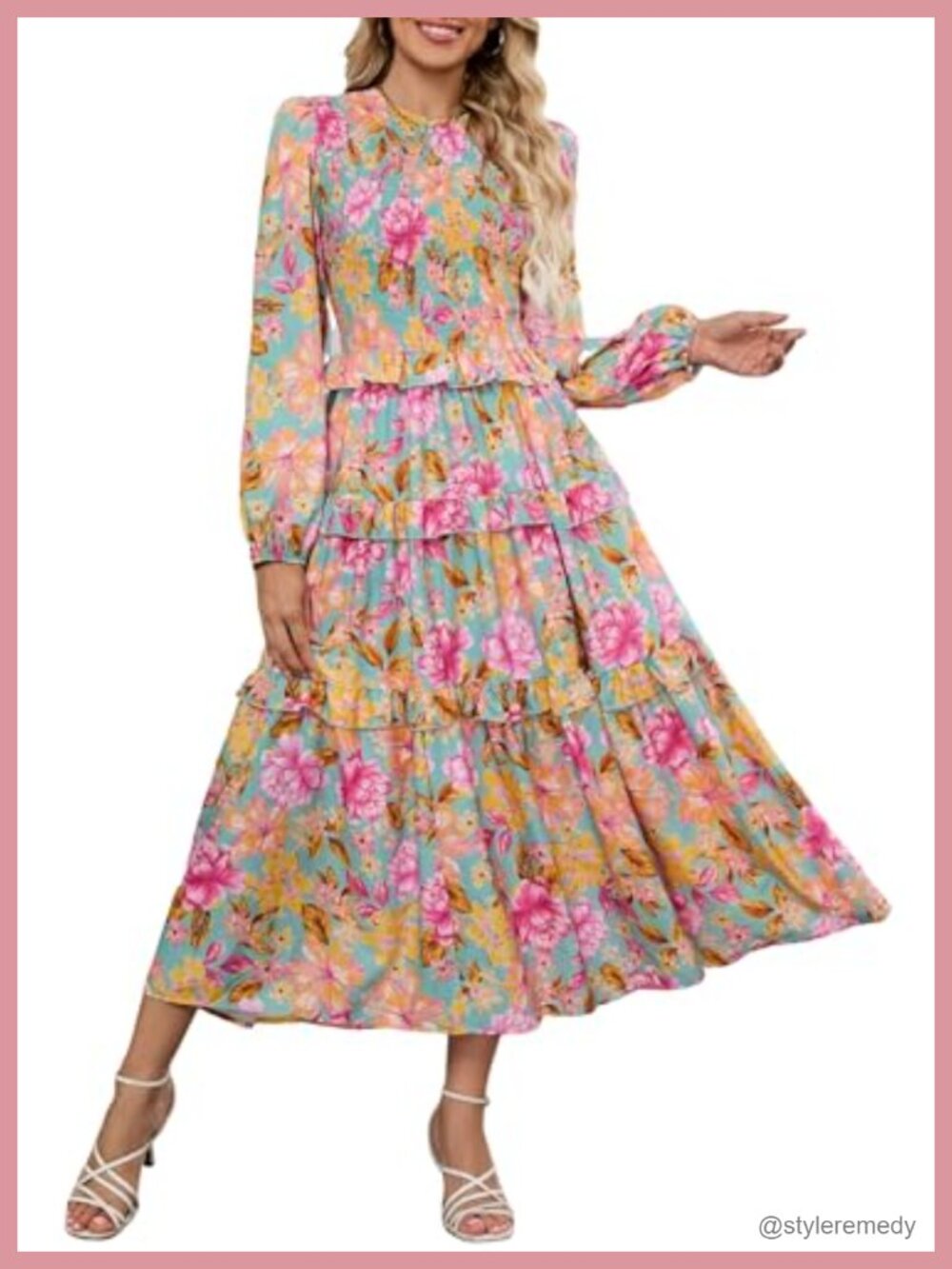 Women's Smocked Floral Tiered Ruffle Maxi Dress Puff Sleeve A-Line